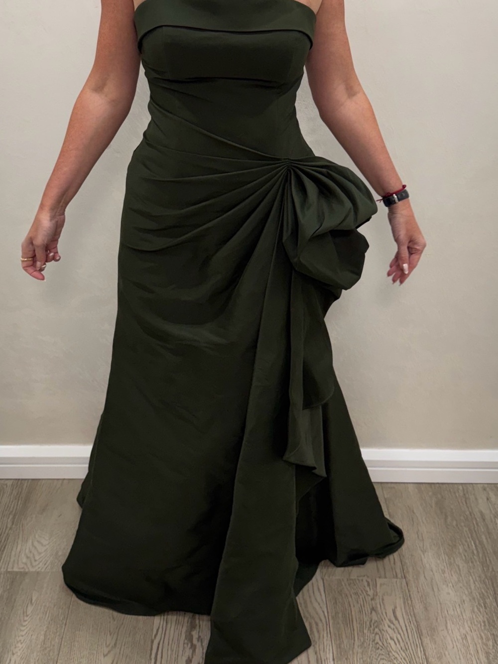 Strapless Olive Green Evening Gown with Draped Side Detail